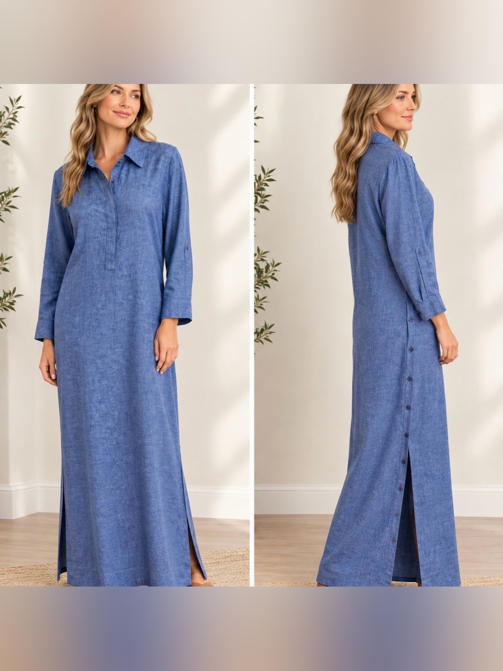 Chico's Blue Linen Blend Maxi Shirt Dress Size 2.5 US 14 Side Button Slit